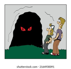 Two young men characters scared and surprised for red evil eyes looking to them from the dark of a cave. Funny cartoon style humorous vector illustration.