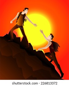 two young men Climbing a mountain