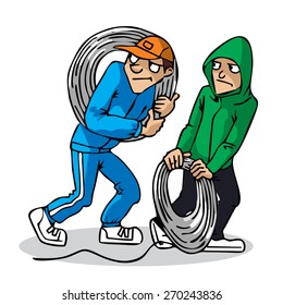 Two young men with a coil of wire. Two guys are stealing. Thives. Vector.