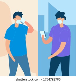 Two young men communicating by smartphone from different place and wearing medical mask to against covid-19. Concept of social media and corona virus.