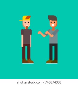 Two young men dressed in modern clothing talking to each other. Rap or hip hop battle. Pair of male cartoon characters isolated on green background. Colorful vector illustration in flat style.