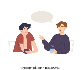 Two young men drinking coffee in the morning and having a conversation. Small talk in coffee shop. Coffee time with friend at office. Flat vector illustration character.