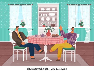 Two young men are drinking coffee and talking. Friends tea party. An international gay couple is having breakfast in their kitchen. Home comfort. People sitting at table in cafe with food and drinks