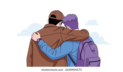 Two young men embracing friendship bonds and mutual support together