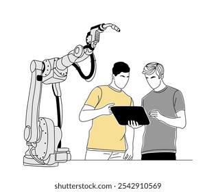 Two young men engineers working with robotic arm. Business men checking industrial robot in high tech company. Outline sketch drawing colored vector illustration isolated on white background.
