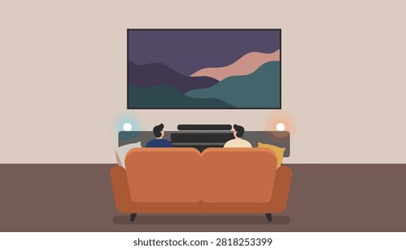 Two young men enjoy an immersive cinematic experience in front of their modern home theater widescreen TV screen.