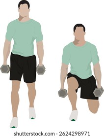 Two young men are exercising with dumbbells in front of a white background. Workout with dumbbell, initial and final pose. Vector illustration.
