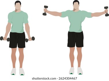 Two young men are exercising with dumbbells in front of a white background. Workout with dumbbell, initial and final pose. Vector illustration.