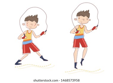 Two young men - experienced athlete and the beginner warming up on skipping ropes before working out or doing sport in two different poses, colored vector line drawing