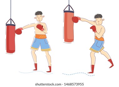 Two young men - experienced boxer and the beginner working out on punch bags in a gym in a health and fitness and recreational activity concept, vector line drawings