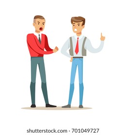 Two young men fighting angry and shouting at each other, negative emotions concept vector Illustration