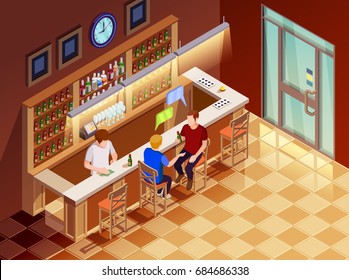 Two young men friends sitting at bar chatting drinking beer served by bartender isometric poster vector illustration 