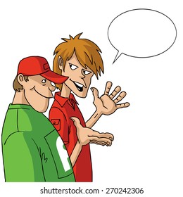 Two young men. Friends talk. Friendly conversation. Vector.