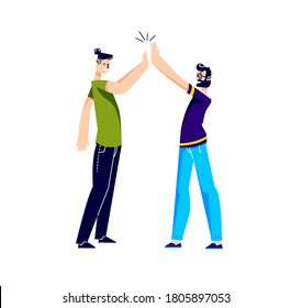Dos jóvenes dando cinco. Amigos saludando o felicitando. Personajes de caricatura. Los personajes de caricatura se dan 5 gestos de mano. Signo de amistad y apoyo. Ilustración del vector