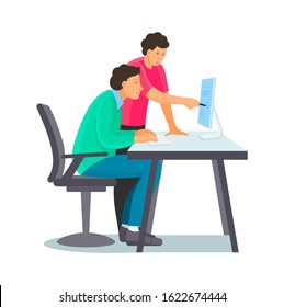 Two young men having business meeting in office, sitting at computer discuss of projects. Business training, meeting employees colleagues discussing work project cartoon vector