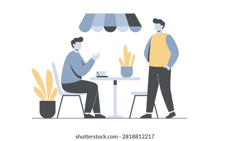 Two young men having a conversation at an outdoor cafe table under a striped awning in a minimalist flat design.