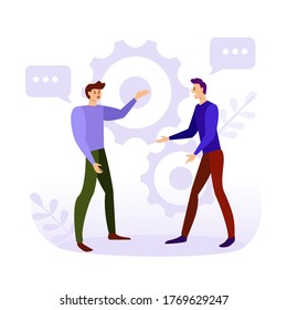 Two young men are having a dialogue, arguing. Conversation. Teamwork concept. Vector illustration in flat style.