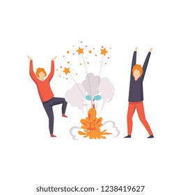 Two young men having fun while watching explosion of firework rocket, people celebrating holiday with fireworks vector Illustration on a white background