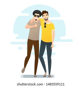 Two young men having fun together , friendship concept background  , vector , illustration