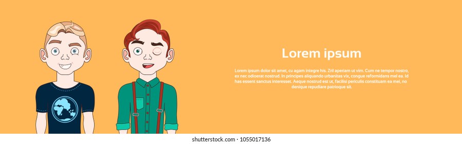 Two Young Men Hipster In Casual Clothes On Orange Backgroud With Copy Space Horizontal Banner