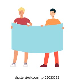 Two young men holding a blank banner, flat cartoon characters with text template. Political demonstration activists with angry faces against injustice, vector illustration isolated on white background