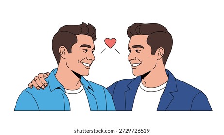 Dos jóvenes mirándose y sonriendo con un corazón Pequeño flotando entre ellos para representar el amor y la amistad.