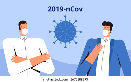 Two young men in medical masks stand and look at the new coronavirus 2019-nCoV. CoVID-2019 virus control concept