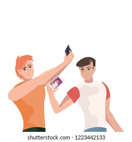 two young men with mobile taking photo