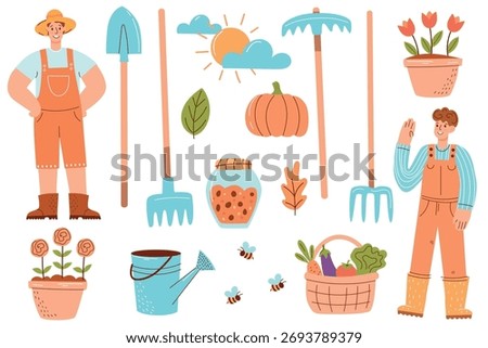 Two young men in overalls stand among gardening tools, flowers, and vegetables. The scene includes pots, a watering can, and a jar of honey.