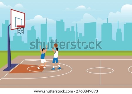 Two Young Men Playing Basketball on Outdoor City Court 2d flat vector illustration