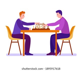 Two young men are playing a chess game. Vector illustration in flat cartoon style. Isolated on a white background.