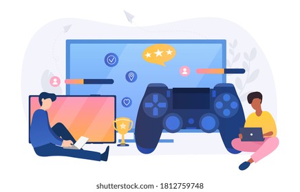 Two Young Men Playing Computer Games Cross Platform On Different Play Stations Or Boxes Using Digital Devices, Colored Vector Illustration