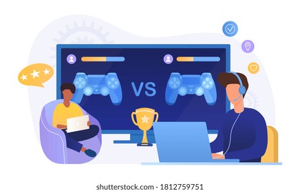 Two Young Men Playing Cross Platform On Their Computers Using Two Different Games Boxes Or Play Stations, Colored Vector Illustration