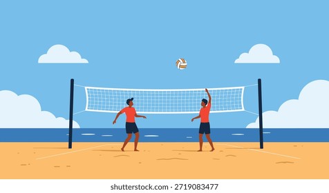 Dos hombres jóvenes jugando un juego de voleibol de playa en una cancha de arena junto al océano en un día soleado de verano.