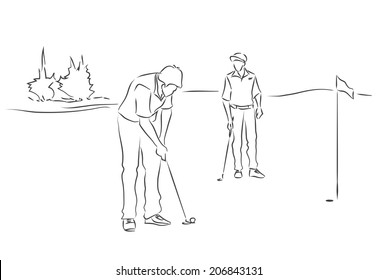 Two young men are playing golf. Black and white image drawing by lines.