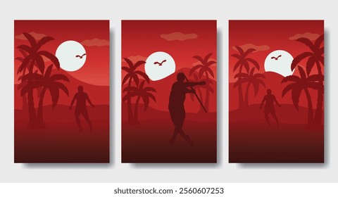 Two Young Men Practice Javelin Throwing in the Field - Silhouette Design Set, Beautiful 2D Landscape Silhouette Wallpaper Set