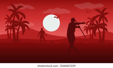 Two Young Men Practice Javelin Throwing in the Field - Beautiful 2d Landscapes Vector