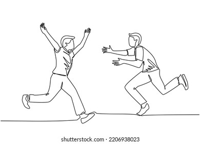 Two young men running face to face while getting ready to hug. break a happiness between two friends. reunion after years apart. let go of miss, two people are friends since childhood. run happiness