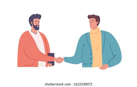 
Two young men shaking hands and talking about business
