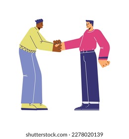 Two young men shaking hands, flat vector illustration isolated on white background. Concepts of teamwork, partnership and agreement. Characters share handshakes.