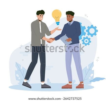 Two young men shaking hands with a lightbulb above, symbolizing new ideas and collaboration, in flat style on a light abstract background. Vector illustration
