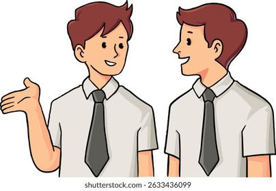 Two young men in shirts and ties engaged in a friendly conversation or discussion, one gesturing as if explaining. This illustration is perfect for concepts of teamwork, communication, business.