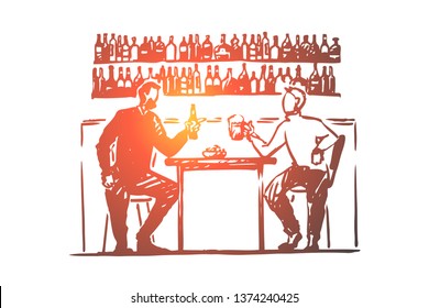 Two young men sitting in bar, drinking beer, counter with bottles, friendship, people celebrate with lager