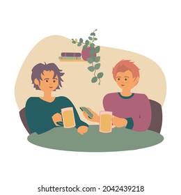 Dos jóvenes sentados en las mesas de café o restaurante conversando, bebiendo cerveza con un amigo. Personajes de dibujos animados planos. Ilustración vectorial.
