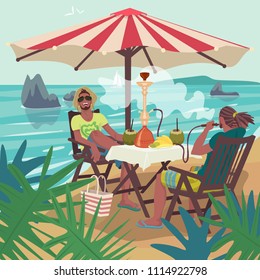 Two young men sitting on tropical beach and smoking hookah. Resting under sunshade or parasol umbrella. Good sunny weather. Expressive cartoon style. Vector illustration