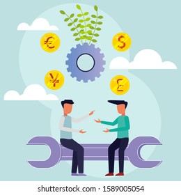 Two young men are sitting on the key and giving advice. Investment profit strategy. Office business concept. Modern vector illustration