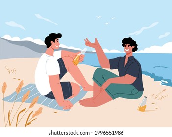 Dos jóvenes sentados en la playa cerca del océano en verano, bebiendo cerveza y hablando. El tiempo pasado por dos amigos al aire libre. Ilustración plana vectorial.