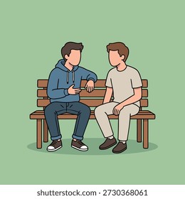 Two young men are sitting on a wooden park bench, engaged in a conversation. One man is wearing a blue hoodie and jeans, holding a phone, while the other is in a light-colored t-shirt and pants.