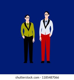 Two young men stand next to each other. The concept of business, friendship, teamwork. Vector flat illustration. Trendy symbol concept for catalogs, information, website, app, UI, social media.