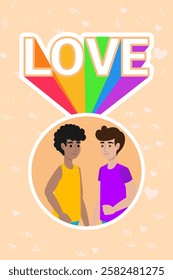 Two young men stand together, framed by a circle and the word love in rainbow colors, symbolizing love, pride, and inclusivity
